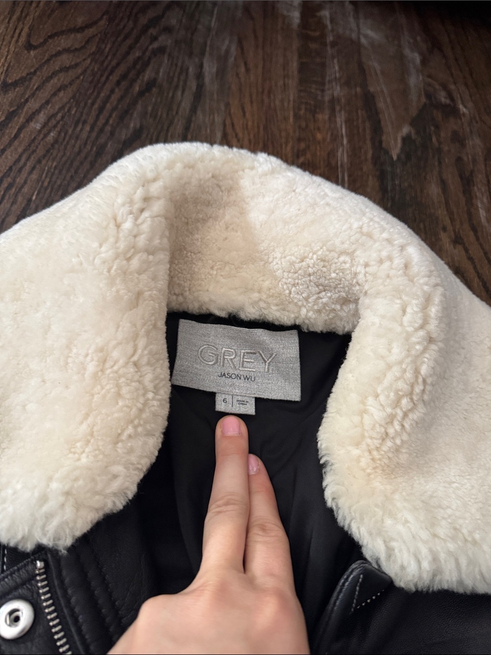 Jason Wu Black Leather Jacket with Cream Shearling Collar - Picture 2 of 3